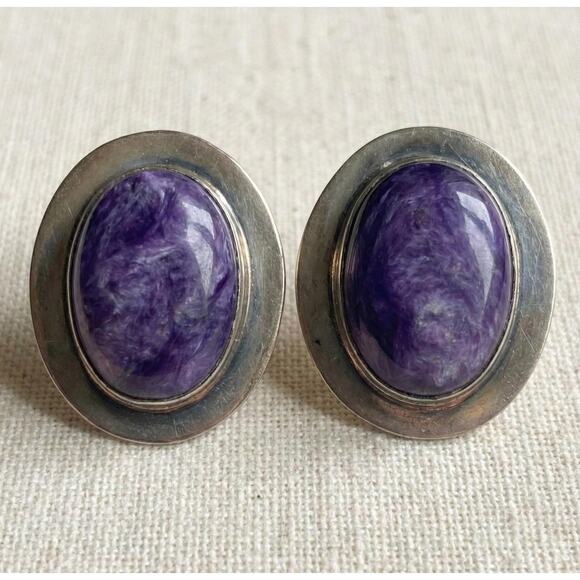 Sterling Silver Natural Purple Charoite Oval Cabochon Bezel Set Stud Earrings - Picture 1 of 5